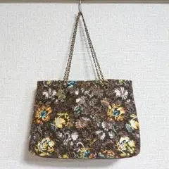 ANNA SUI ハンドバッグ 花柄 刺繍 チェーン　蝶々 チャーム ブラウン系