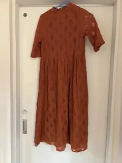 フォーマルドレス　オレンジ レース 半袖 ロングワンピース