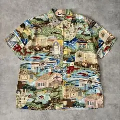 90's vintage 肩パッド入 半袖 総柄シャツ アート柄 夏 古着