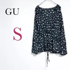 GU ジーユー【S】カシュクール ボリュームスリーブブラウス フラワー ブラック