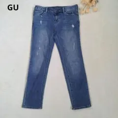 GU/ライトブルー ストレートデニム【M】 ダメージ加工