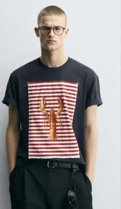 ZARA ロブスタープリントtシャツ　ネイビー メンズ　Sサイズ　新品未使用