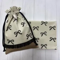 巾着袋　ランチョンマット35×45 リボン（ベージュ）×片側レース×チノベージユ