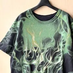 スカルTシャツ　フレア　緑の炎に包まれたドクロ　古着　グランジ　インパクト大