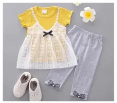 激安SALE 韓国キッズ女の子　レースTシャツ＋レギンス　セットアップ　イエロー