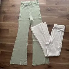 フレア リブ編み グリーン ホワイト フレアパンツ サイズF