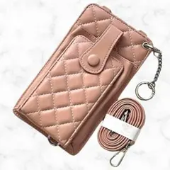 【スマホショルダー/スマホストラップ】小銭入れ ピンク 縦型 カード4枚