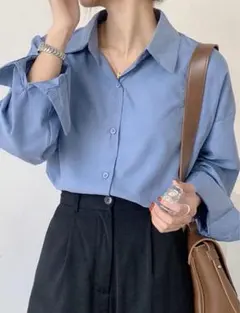 SHEIN 長袖シャツ ダスティブルー 無地 シンプル 仕事着 制服 秋服