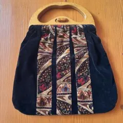 ブラックベルベット プリント柄 ハンドバッグ