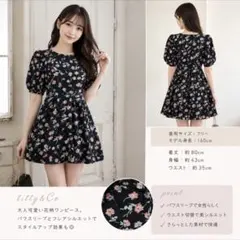 titty&Co. 花柄フレアワンピース フリー パフスリーブ 美シルエット 黒のサムネイル