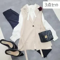 R5＊3点セット＊ママスーツ＊ベージュジレ+ボウタイブラウス+新品パンツ