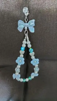 #携帯ストラップ　 青色#リボン#花モチーフストラップ