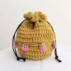 ハンドメイド 編み物 かぎ針編み いちご模様の巾着