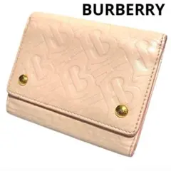 人気　バーバリー　折り財布　レザー　薄ピンク　エンボスTB柄　トーマスバーバリー