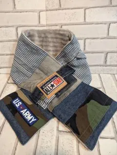 No.D044 アメカジ　ヒッコリー　ボアマフラー　迷彩　男前　デニムリメイク