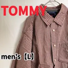 Y478【TOMMY jeans 】チェック柄長袖コットンシャツ【L】レッド