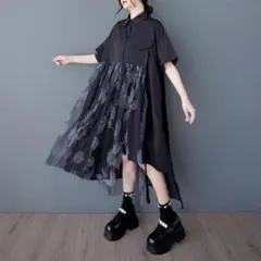 大きいサイズ アシメ　ワンピース　レディース 春夏　 シャツ　新品 半袖　膝丈