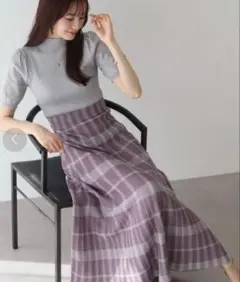 ブルーイースト チェック ジャガード ニット ワンピース パフスリーブ
