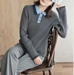 新品　MUMU &co リブ配色襟付きプロオーバー ポロニット　サイズL