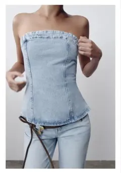 【未使用】ZARA ライトブルー デニム チューブトップ ベアトップ
