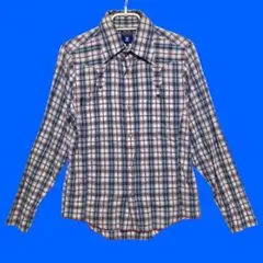 アールニューボールド　ロゴタグ付きチェック柄長袖ネルシャツ　青　メンズM