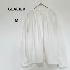 グラシア　GLACIER 長袖ノーカラーシャツ M 白オフィス◎ パールボタン