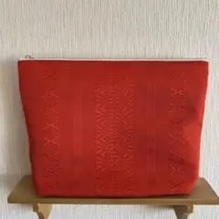 No.415 帯リメイク　ファスナーポーチ　大　赤