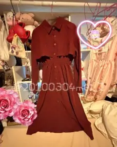 赤 コーデュロイ 長袖ワンピース