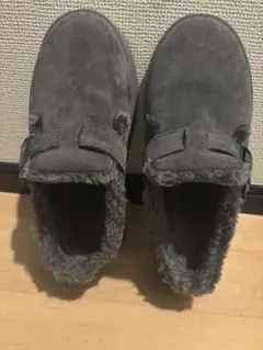 グレー 厚底ムートンブーツ ファー付き スリッポン