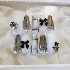 フレンチガーリー 量産型 韓国 ワンホン y2k ネイルチップ チェック リボン