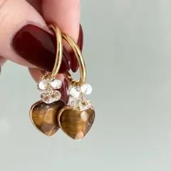 【94】タイガーアイ　天然石ハートチャーム　ピアス　イヤリング