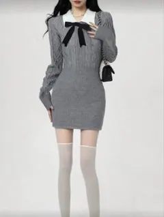 ボウタイケーブルニット ミニワンピース グレー