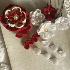 つまみ細工　髪飾り　セット　成人式　振袖　袴　七五三　結婚式　卒業式　赤　白