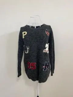 グレー パッチワーク刺繍 長袖ニットセーター☆フリーサイズ