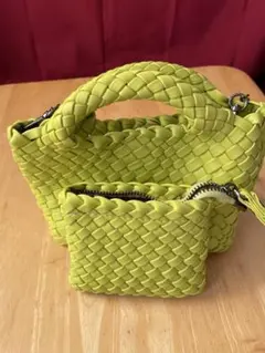 ライムグリーン 編み込みレザー バッグ セット