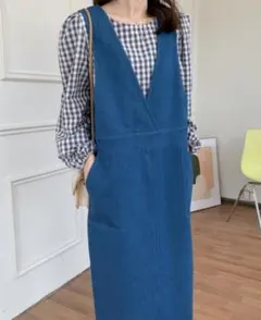 ABITOKYO デニムブルー Vネック サロペット