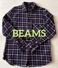 BEAMS チェック柄 長袖シャツ ネイビー/レッド