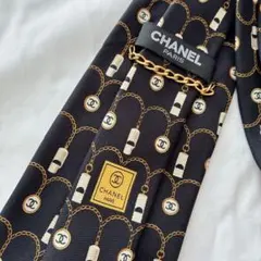【CHANEL】シルク100% ネクタイ 黒ベース総柄 ココマーク