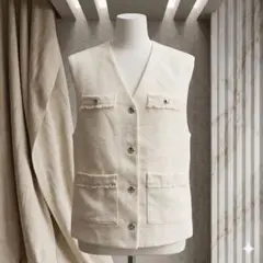 【美品】GLACIER グラシア ツイードベスト ジレ アイボリー M フリンジ