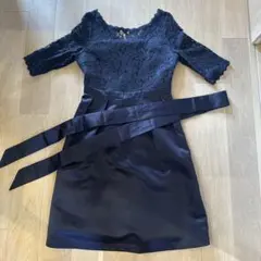 ネイビー レース サテン パーティードレス