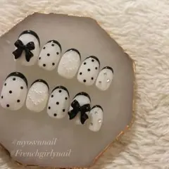 ♡大人気♡ フレンチ ガーリー ドット 韓国 リボン 量産 ネイルチップ♡