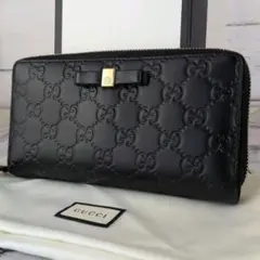 【極美品】グッチ☆シマ　レザー　リボン　箱袋付　ラウンドファスナー　長財布　黒