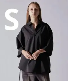【CLEL】ヘリンボーンTR半袖サイドレーススキッパーシャツ　Sブラック