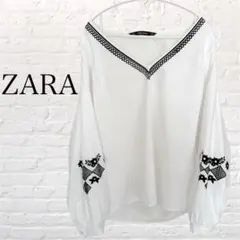 ZARA Vネック 刺繍ブラウス バルーンスリーブ 綿100%