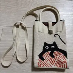 猫柄 2wayショルダーバッグ スマホホルダー 黒猫 ニット 白 新品未使用