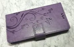 iPhone14Pro 用 スマホケース 手帳型 草花 蝶 エンボス 薄紫色