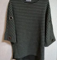 レディース　ダークグリーン ストライプ カットソー　ベスト　ジレ　韓国製