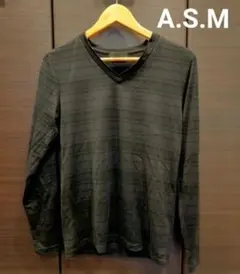 A.S.M メンズ Vネック 長袖Tシャツ 黒 ボーダー カジュアル カットソーのサムネイル