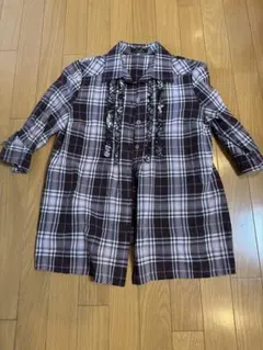 レリアン　茶色と紫のチェック柄 五分袖シャツ Mサイズ