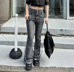 オリーブデオリーブ　サイドレースアップセミフレアデニム　グレー　Ｍ　ハイウエスト